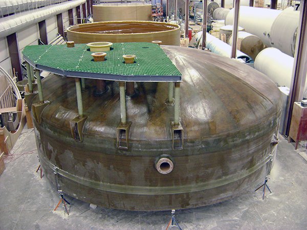 30 Foot Diameter Fiberglass Tank Section, dome top with fiberglass access platform.